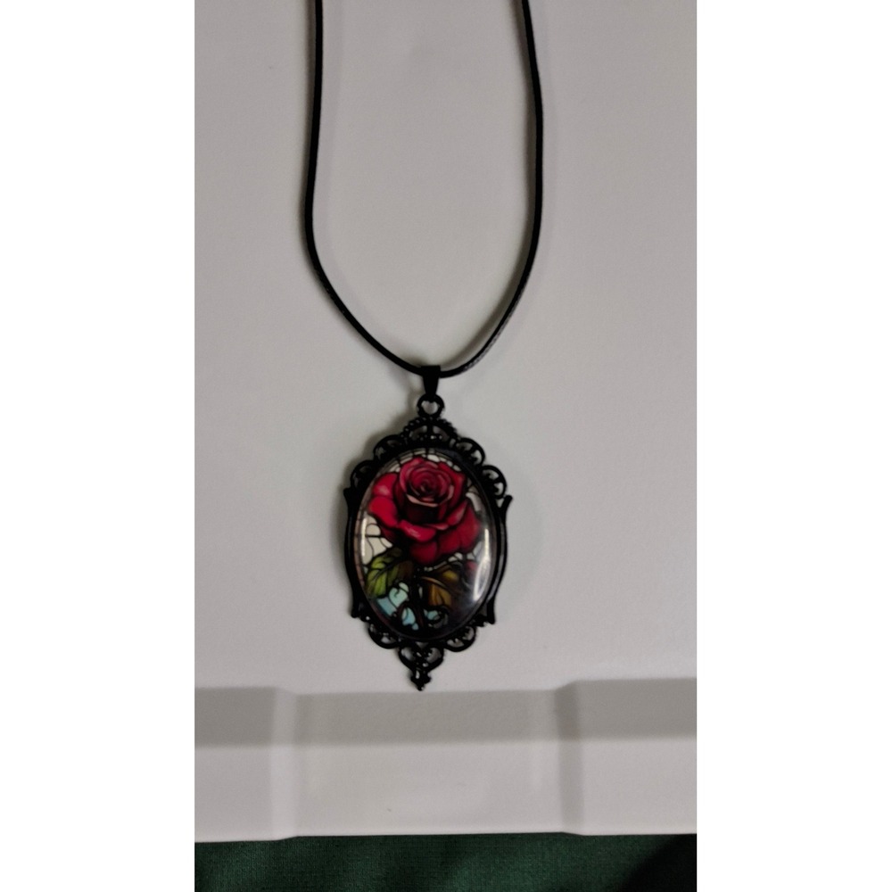 Gothic Red Rose Stained Glass Style Pendant Black Filigree Necklace